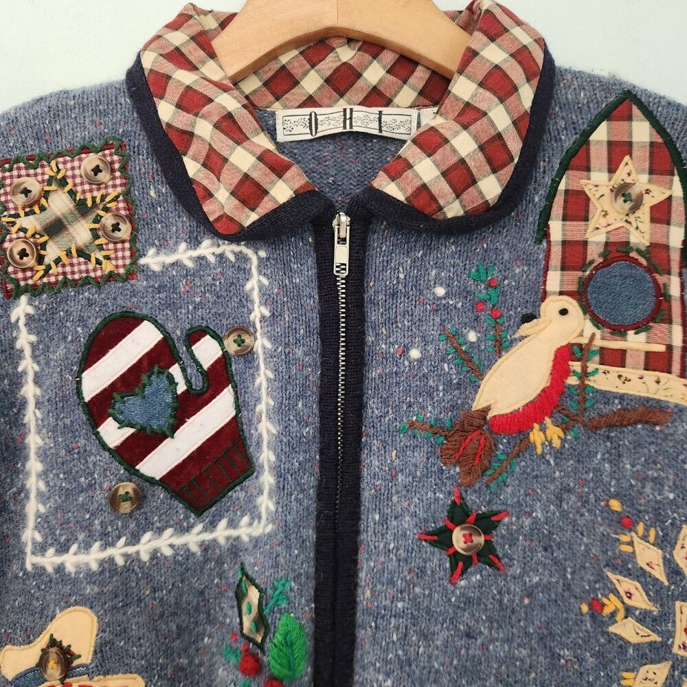OHI Folk Christmas Sweater Full Zip Country Birds Patriotic US Flag Large EUC - Picture 4 of 16